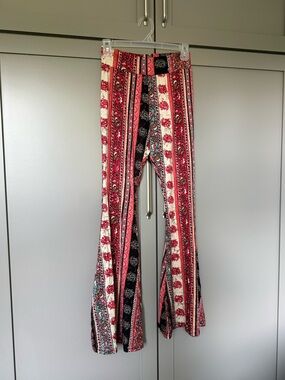 Got Style USA Boho Floral/Paisley Print Flared Hippy Pants - Red, Pink & Black